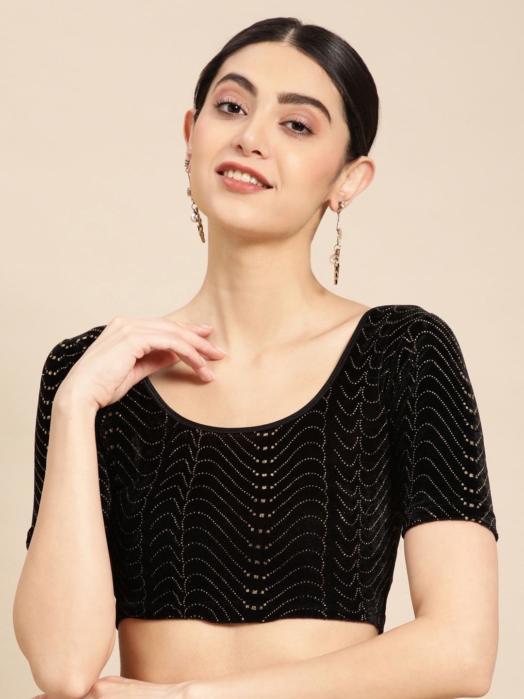 

VASTRANAND Stretchable Swarovski Work Zari Velvet Saree Blouse, Black