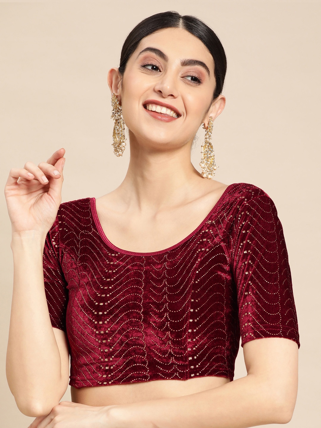 

VASTRANAND Zari Embellished Velvet Stretchable Saree Blouse, Maroon