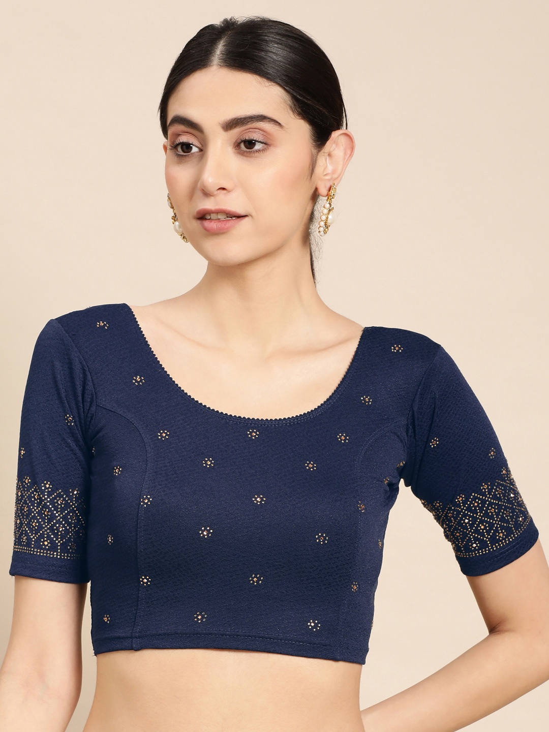 

VASTRANAND Beads & Stones Embellished Stretchable Saree Blouse, Navy blue