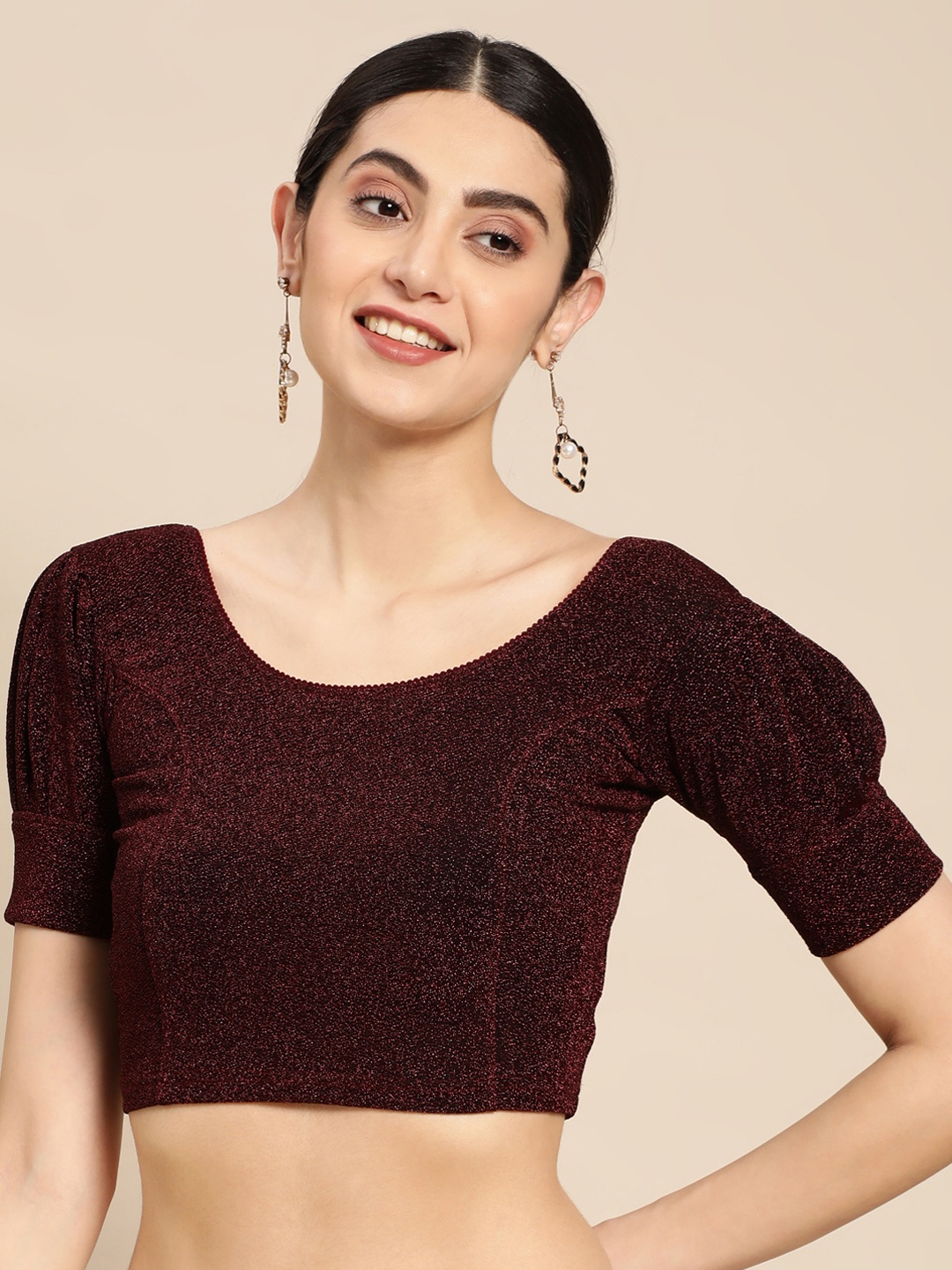 

VASTRANAND Zari Puff Sleeves Stretchable Saree Blouse, Burgundy