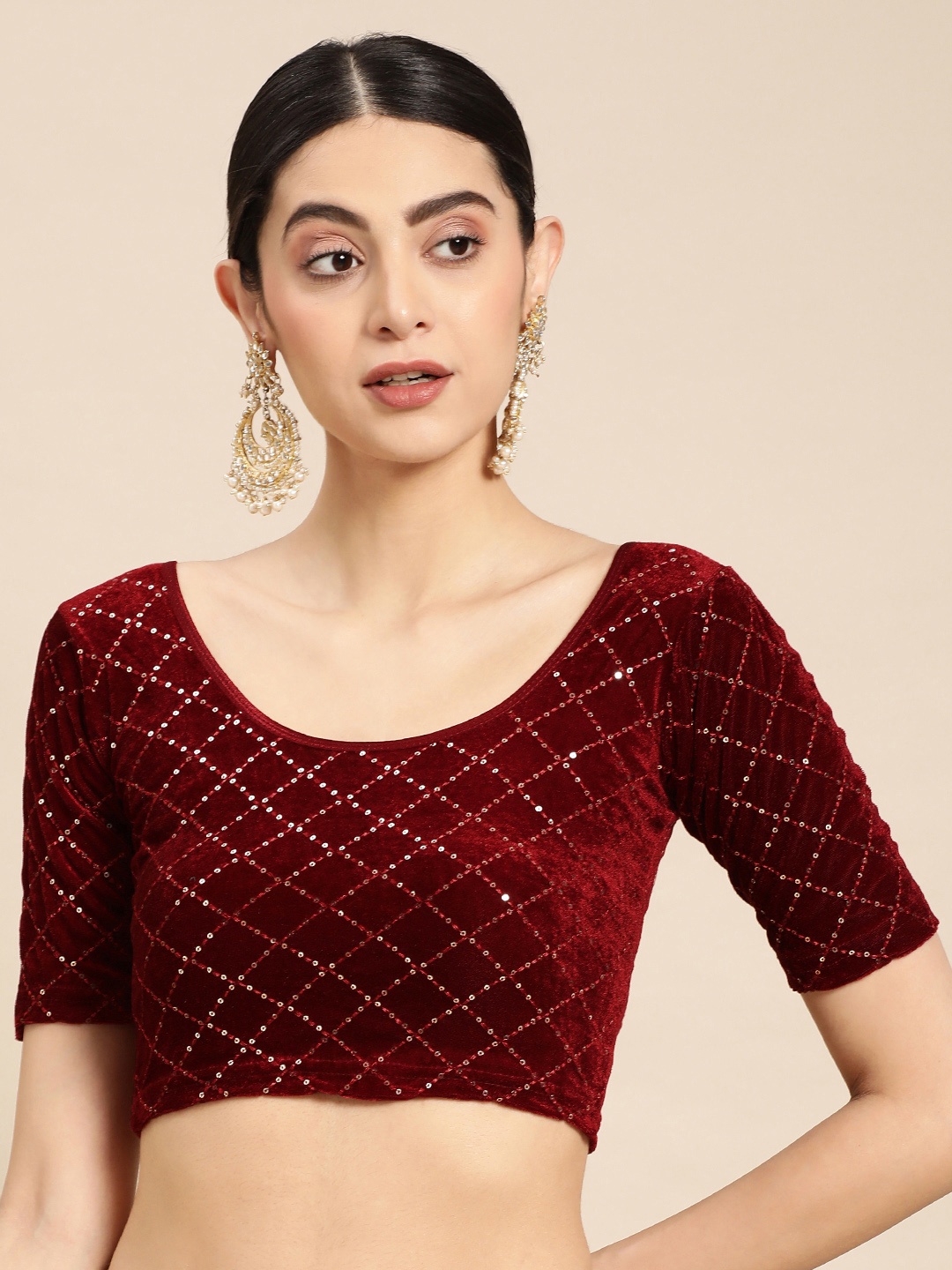 

VASTRANAND Zari Stretchable Sequinned Saree Blouse, Maroon