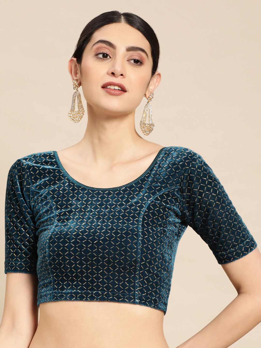 

VASTRANAND Zari Stretchable Velvet Saree Blouse, Teal