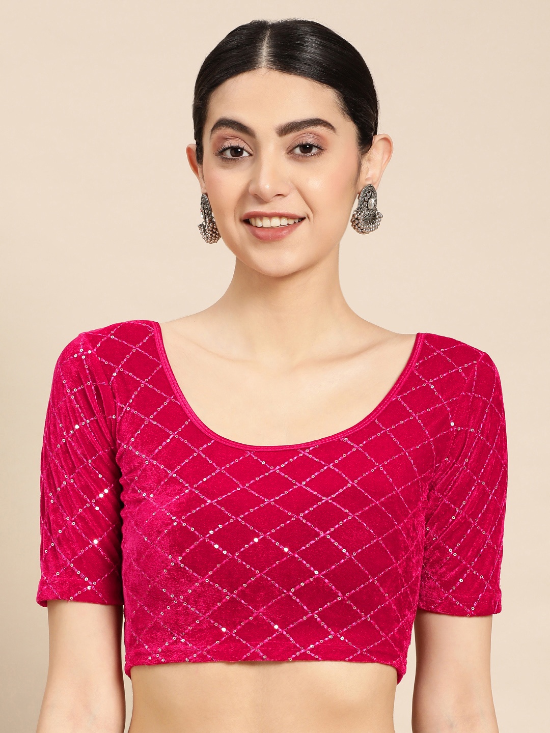 

VASTRANAND Zari Sequinned Stretchable Velvet Saree Blouse, Pink