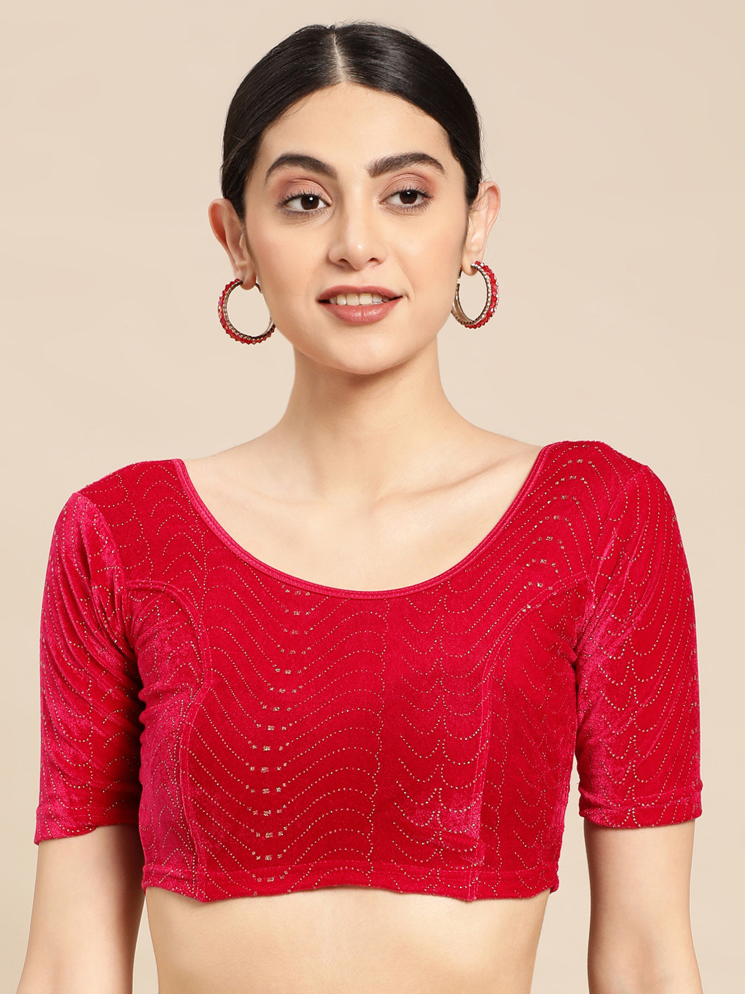 

VASTRANAND Embellished Beads & Stones Stretchable Velvet Saree Blouse, Pink