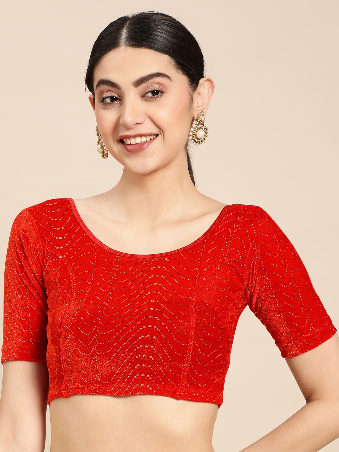 

VASTRANAND Embellished Beads & Stones Stretchable Velvet Saree Blouse, Red