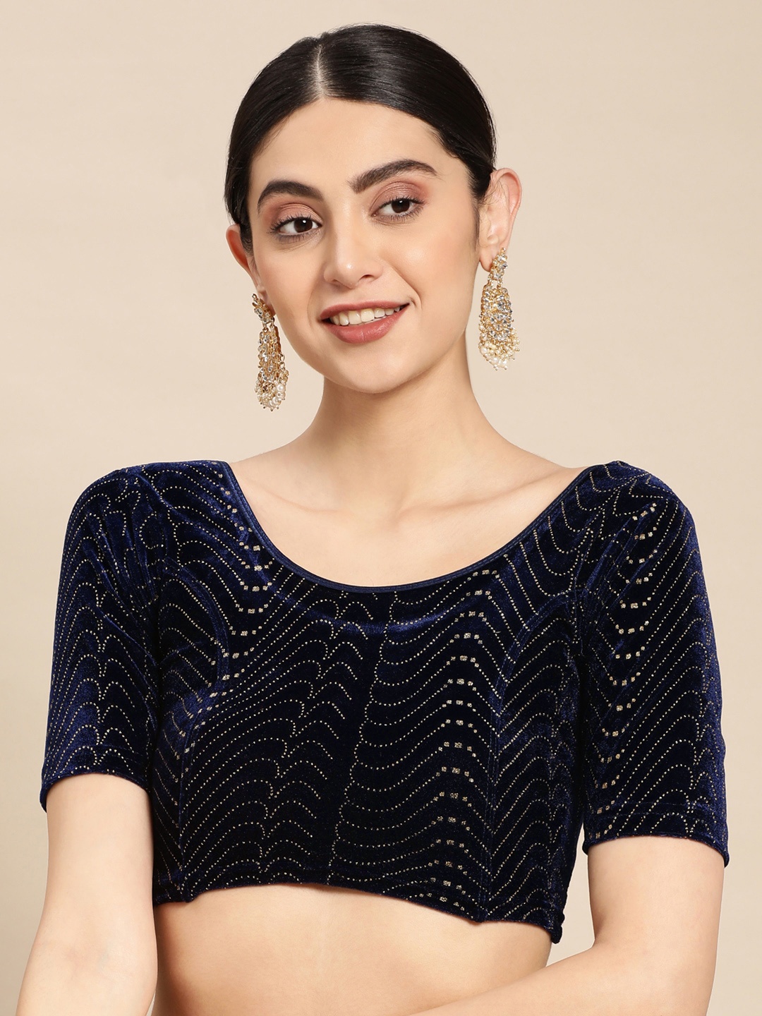 

VASTRANAND Zari Stretchable Swaroski Work Velvet Saree Blouse, Navy blue