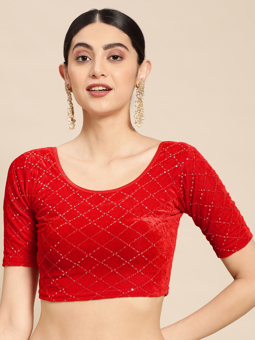 

VASTRANAND Sequinned Embellished Velvet Stretchable Saree Blouse, Red
