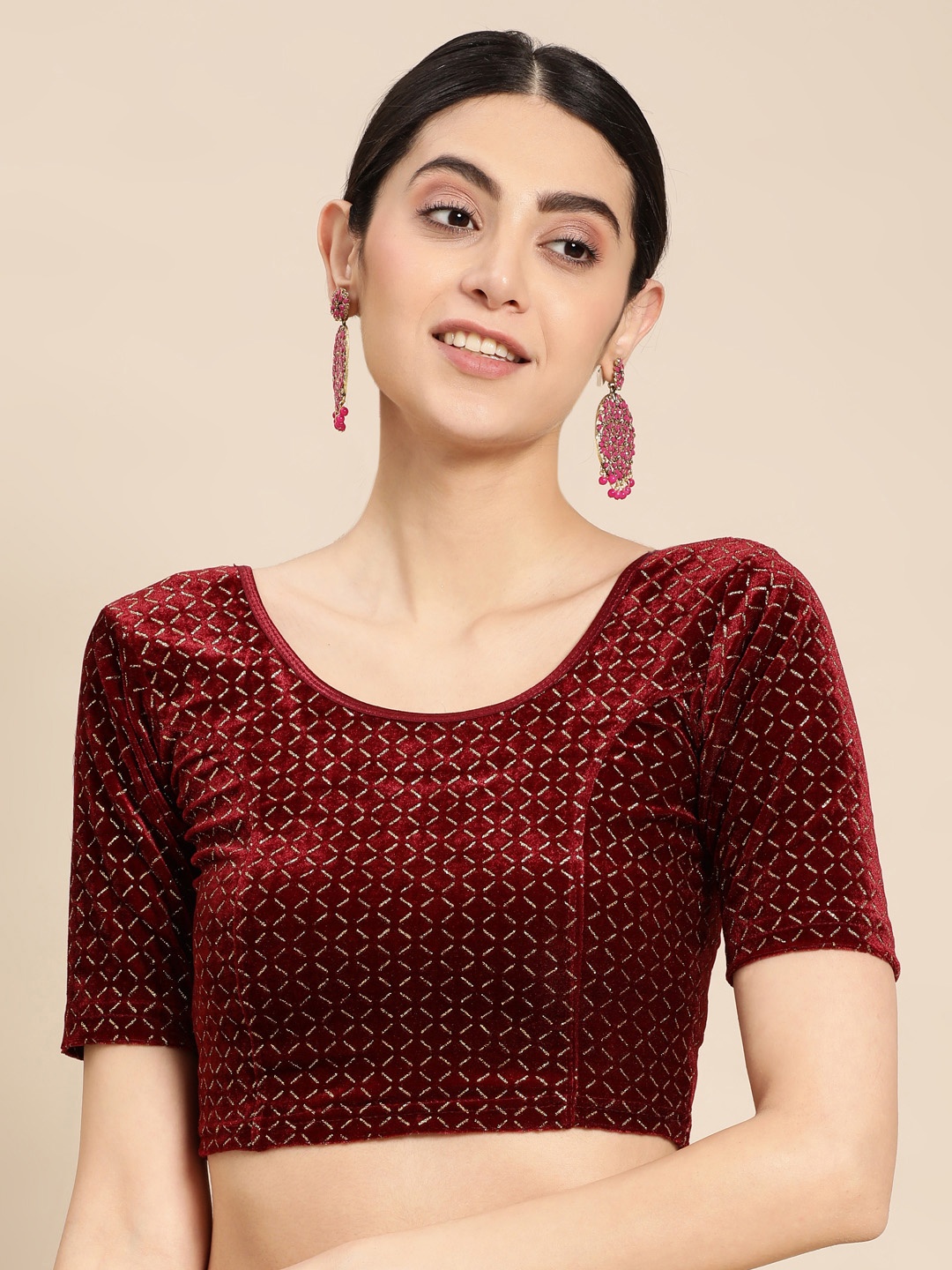 

VASTRANAND Embellished Zari Stretchable Velvet Saree Blouse, Maroon