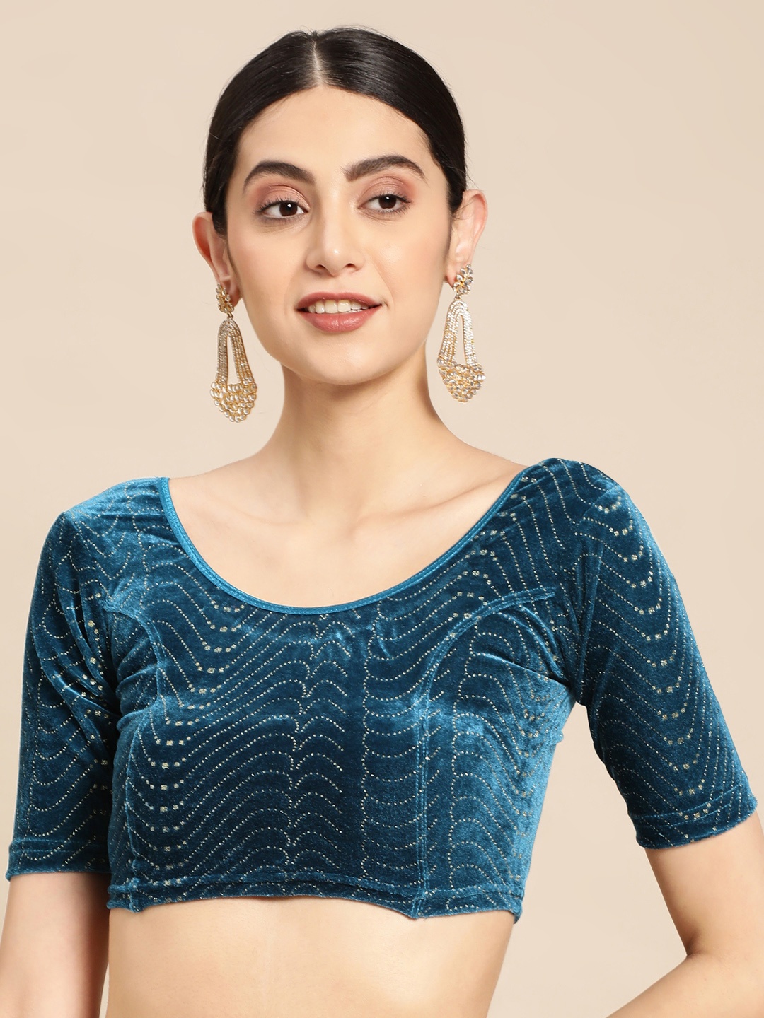 

VASTRANAND Embellished Beads & Stones Stretchable Velvet Saree Blouse, Teal