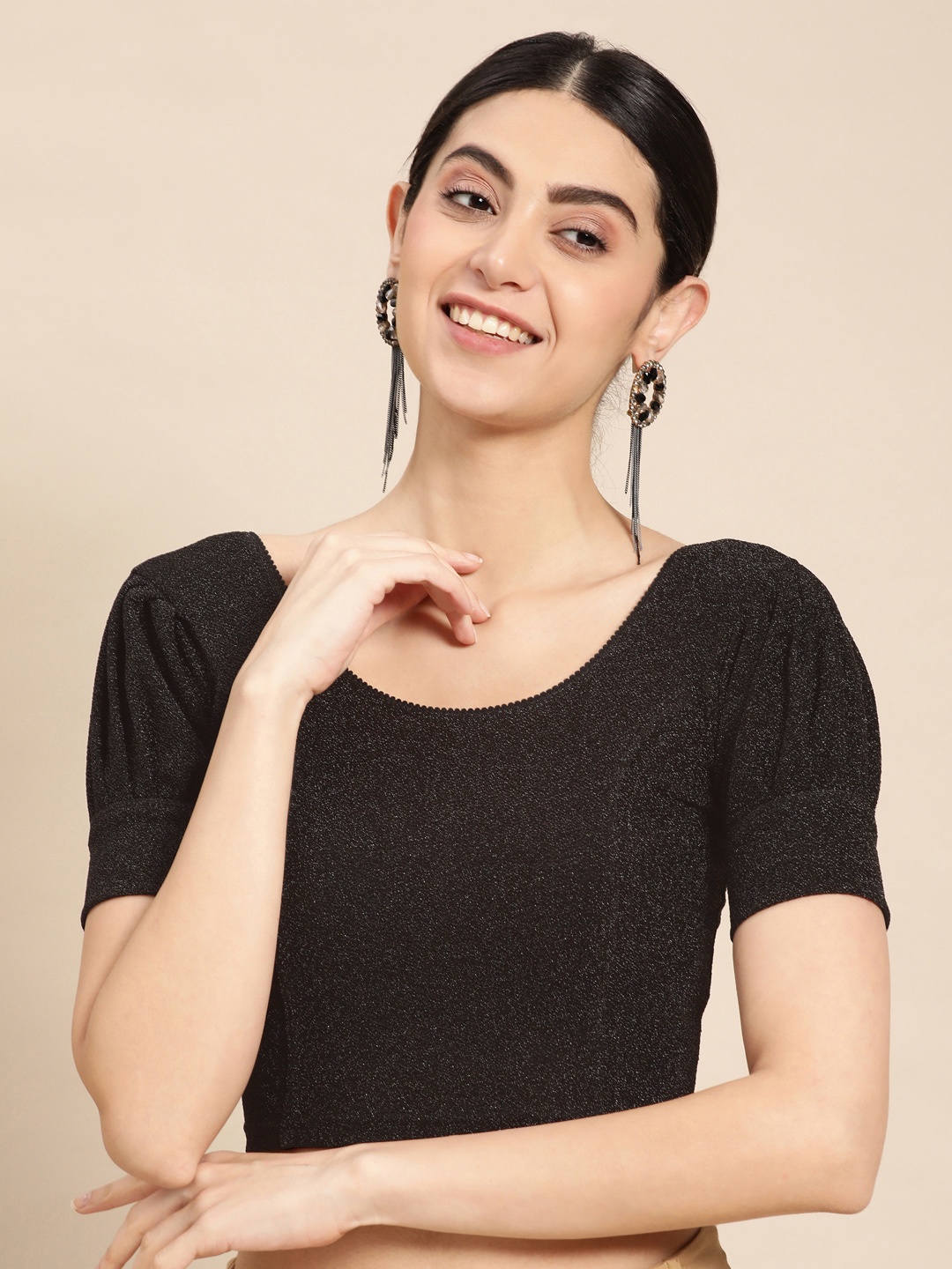 

VASTRANAND Zari Puff Sleeves Stretchable Saree Blouse, Black