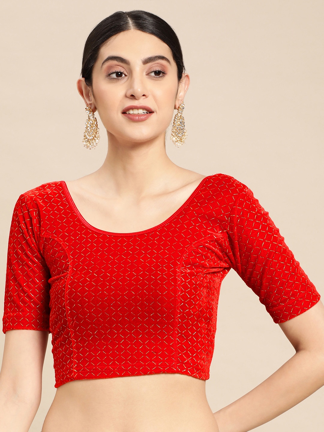 

VASTRANAND Zari Stretchable Velvet Saree Blouse, Red