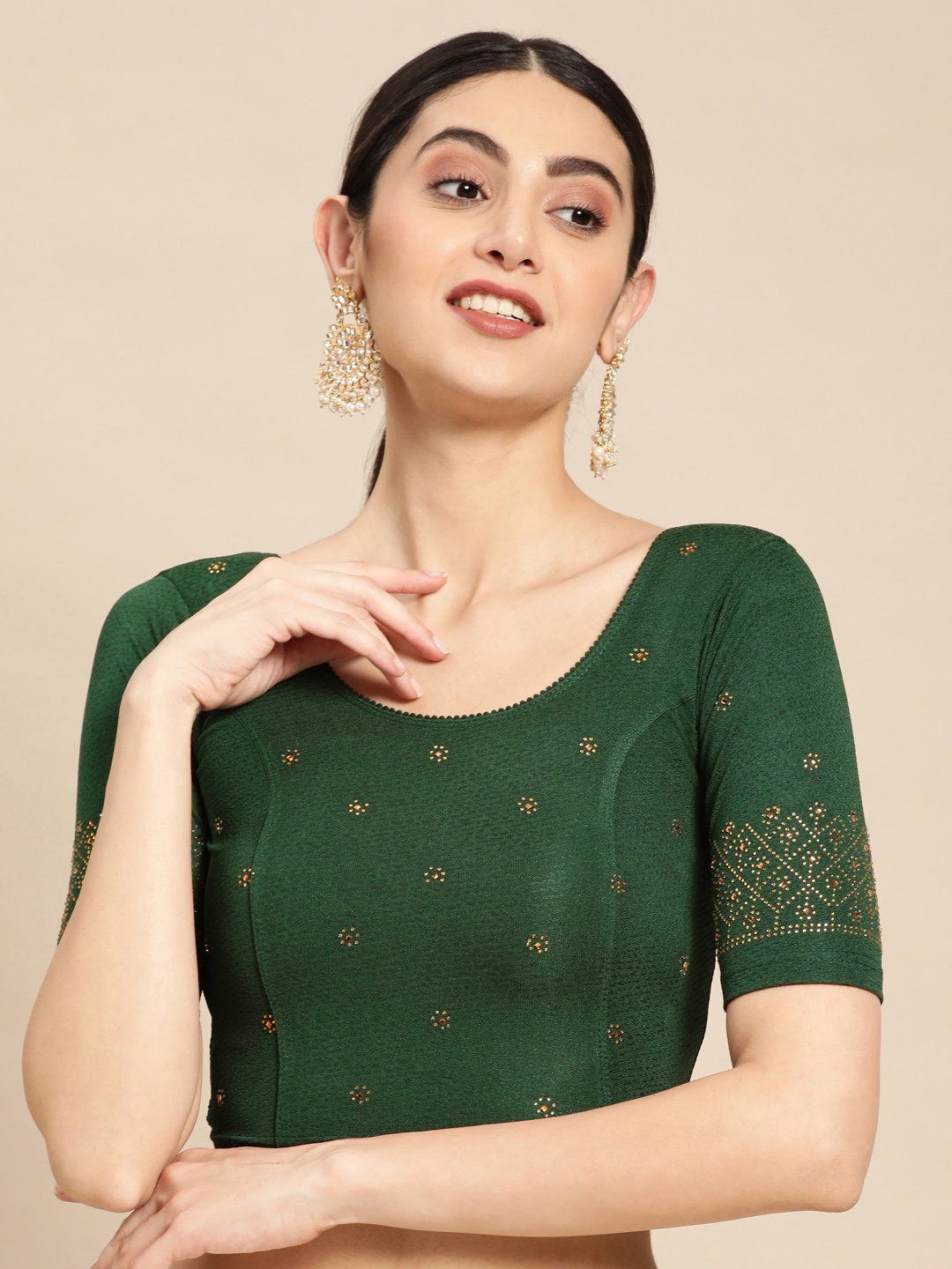 

VASTRANAND Beads & Stones Embellished Stretchable Saree Blouse, Green