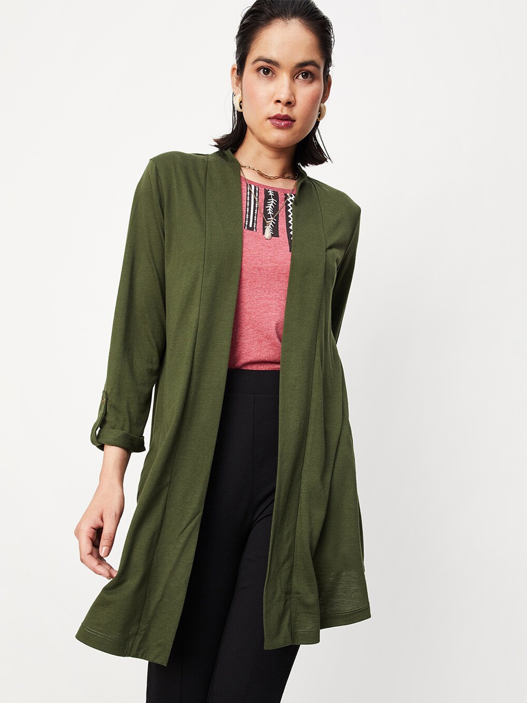 

max Women Open Front Longline Shrug, Green