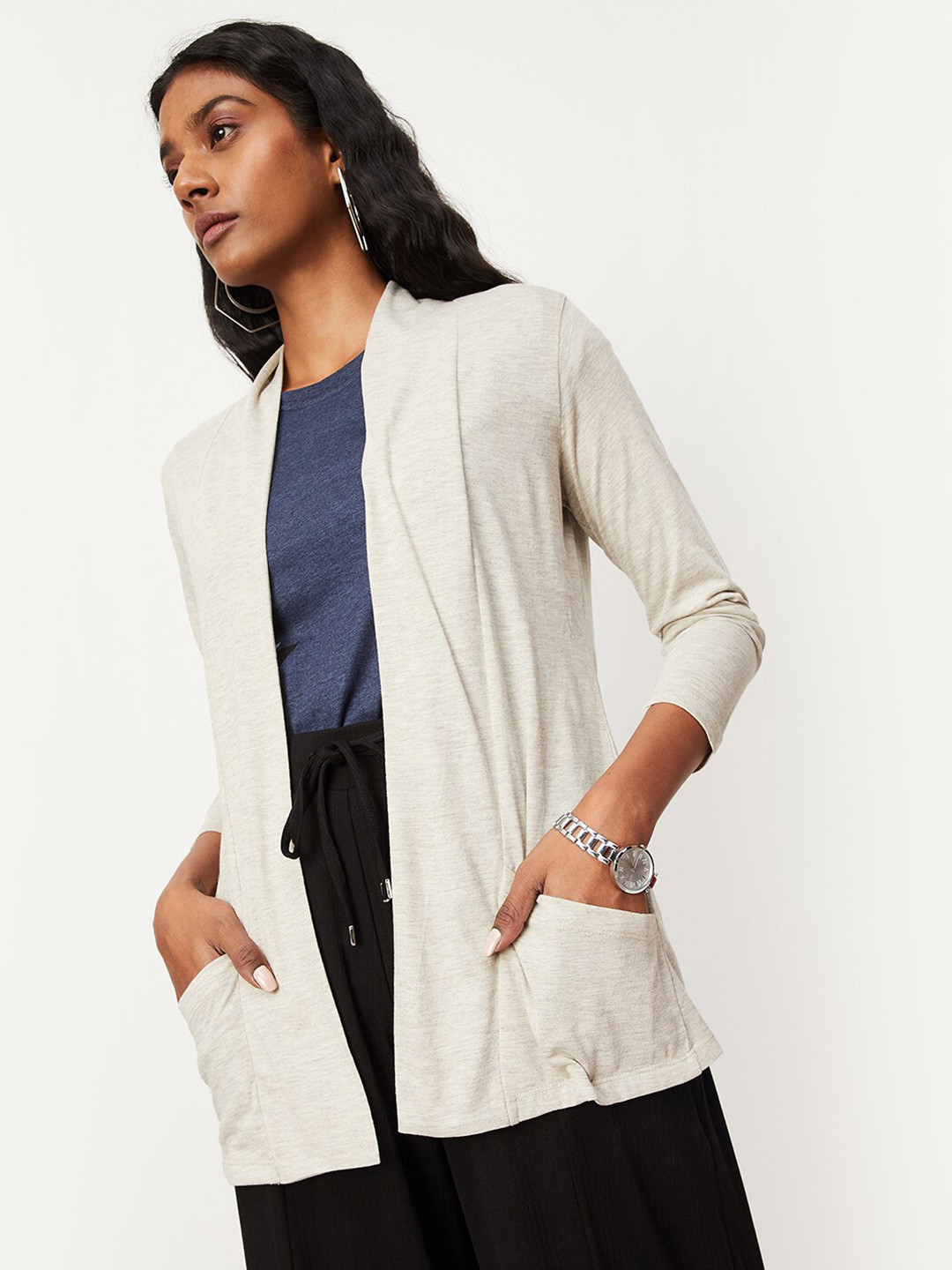 

max Women Open Front Longline Shrug, Beige