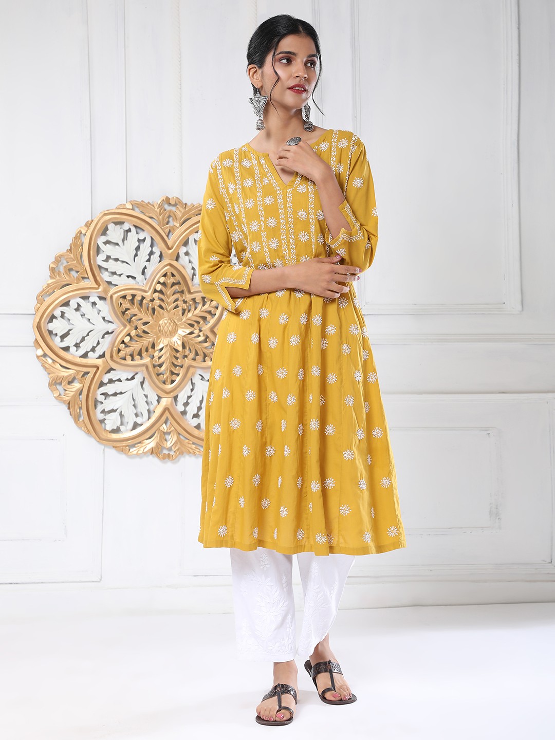 

HOUSE OF KARI Ethnic Motifs Embroidered Chikankari Cotton A-Line Kurta, Mustard