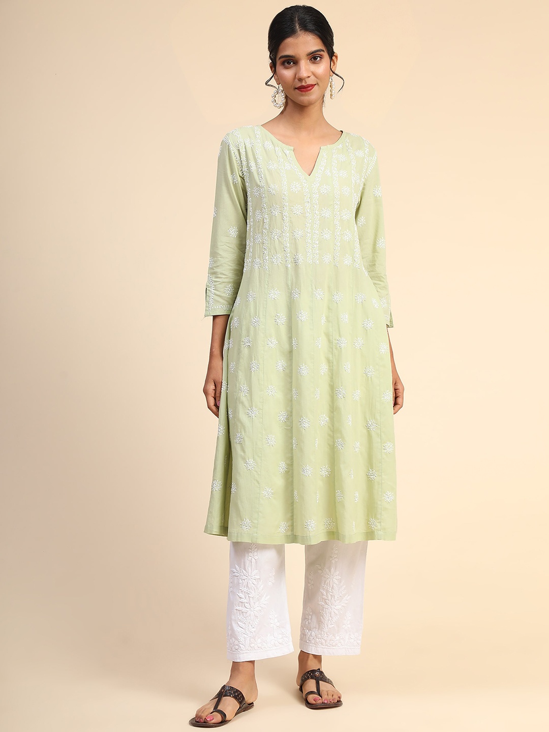 HOUSE OF KARI Ethnic Motifs Embroidered Chikankari Cotton A-Line Kurta, Green