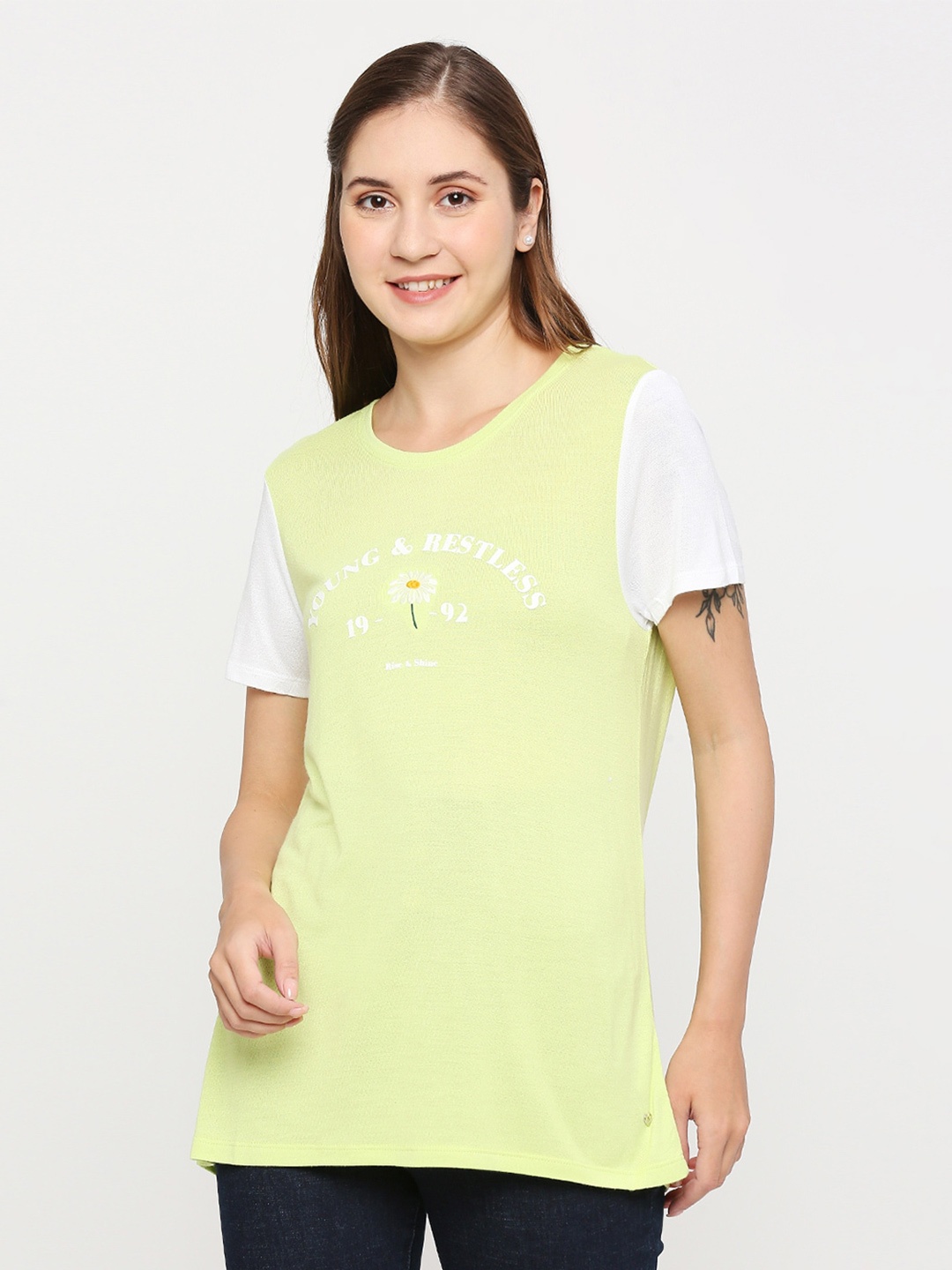 

SPYKAR Women Green Typography Printed Applique T-shirt