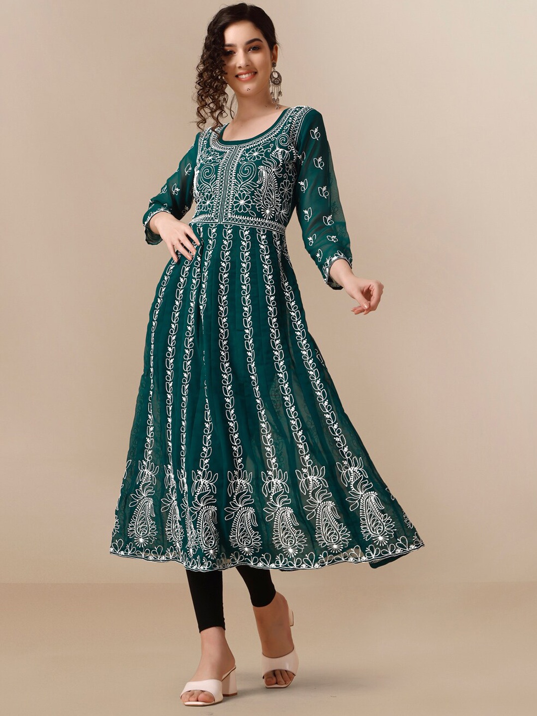 

HERE&NOW Women Chikankari Embroidered Thread Work Georgette Anarkali Kurta, Blue