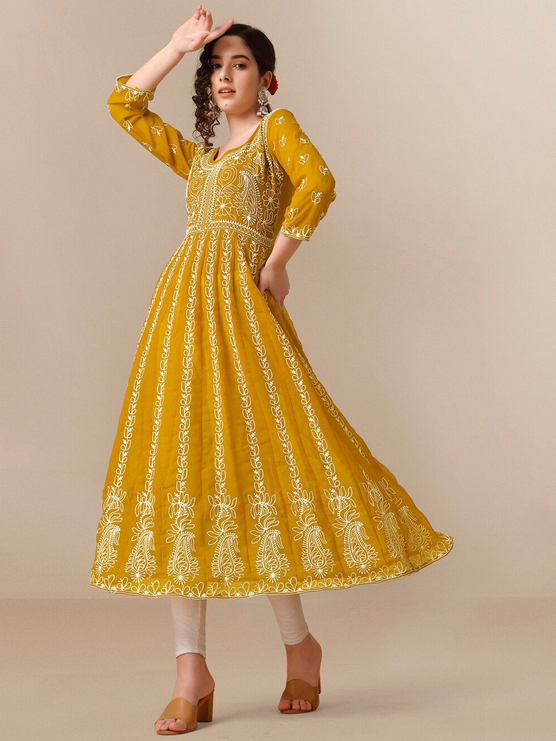 

HERE&NOW Women Chikankari Embroidered Thread Work Georgette Anarkali Kurta, Mustard