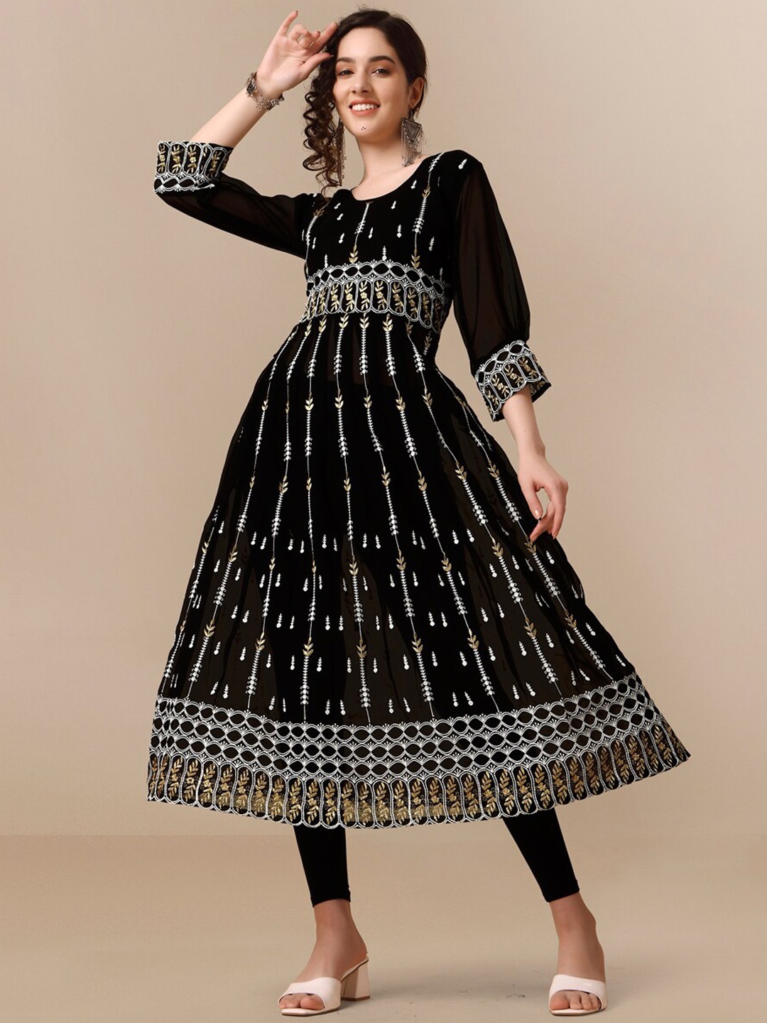 

HERE&NOW Women Floral Gold Zari Embroidered Thread Work Georgette Anarkali Kurta, Black