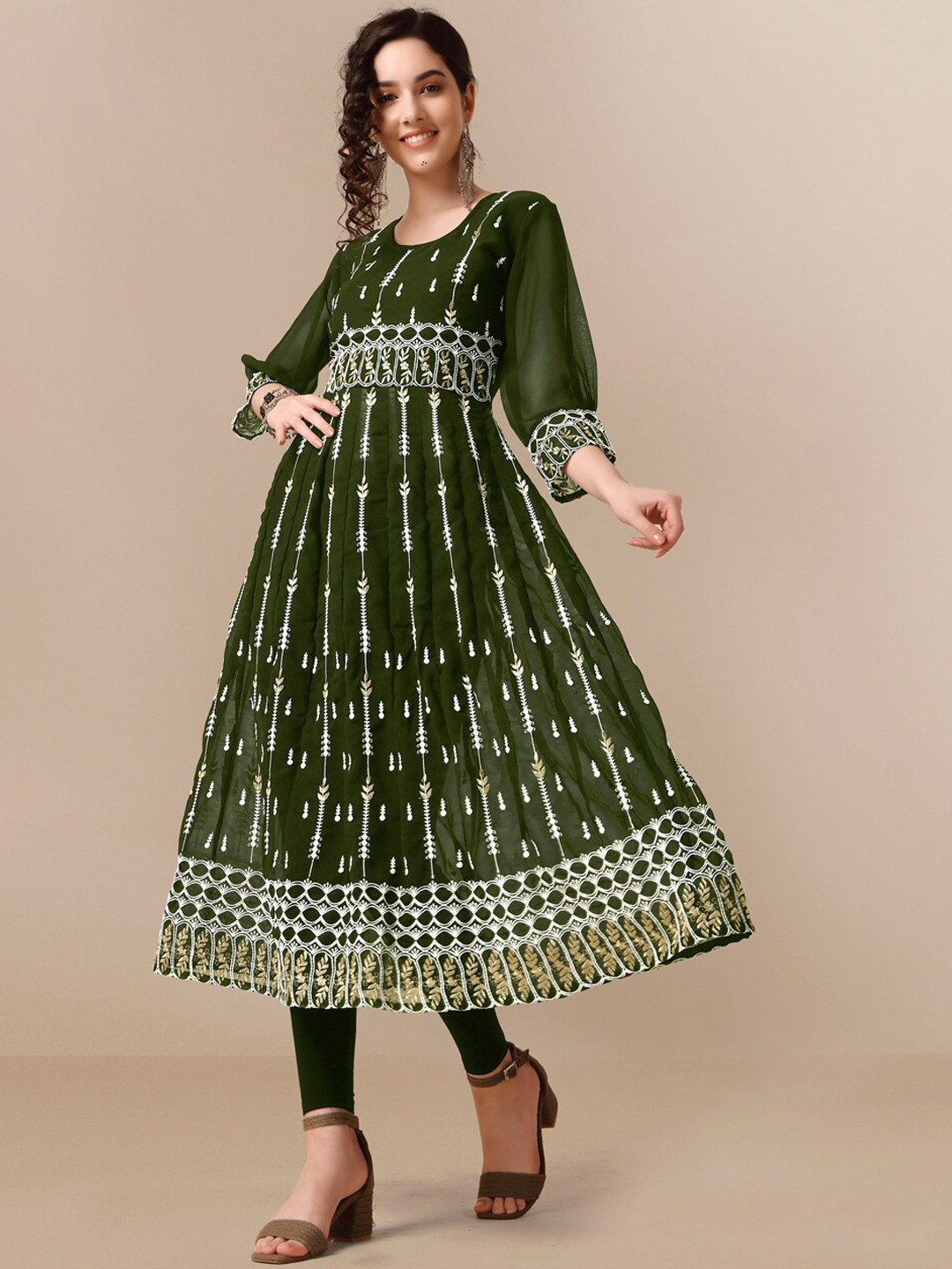 

HERE&NOW Women Floral Gold Zari Embroidered Thread Work Georgette Anarkali Kurta, Green