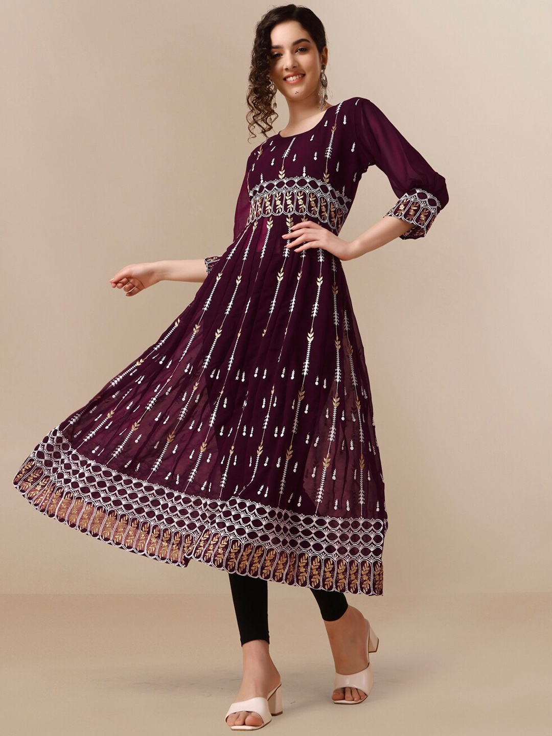 

HERE&NOW Women Floral Gold Zari Embroidered Thread Work Georgette Anarkali Kurta, Purple
