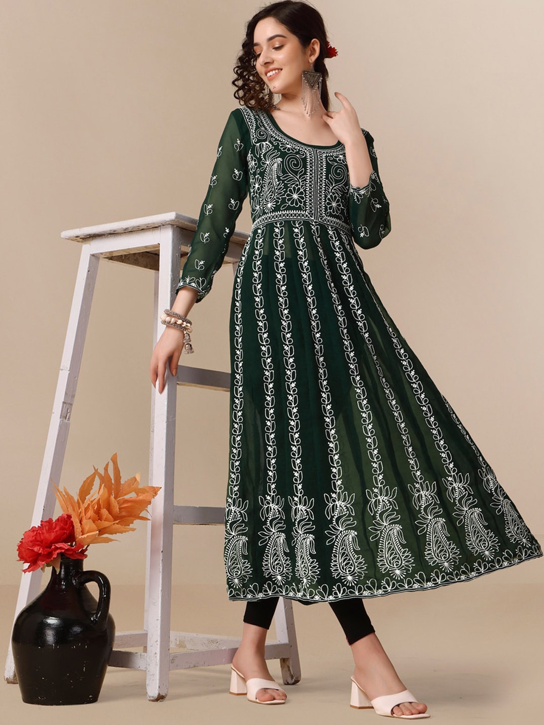 

HERE&NOW Women Chikankari Embroidered Thread Work Georgette Anarkali Kurta, Green