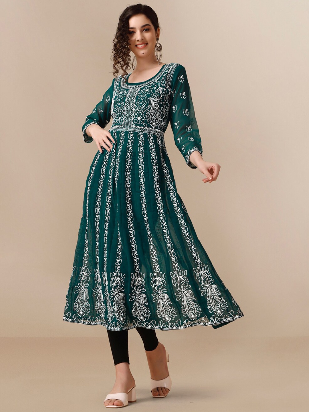 

HERE&NOW Women Chikankari Embroidered Thread Work Georgette Anarkali Kurta, Blue
