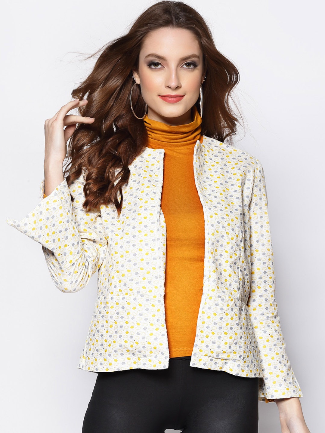 

Sera Floral Printed Lightweight Cotton Open Front Jacket, Off white