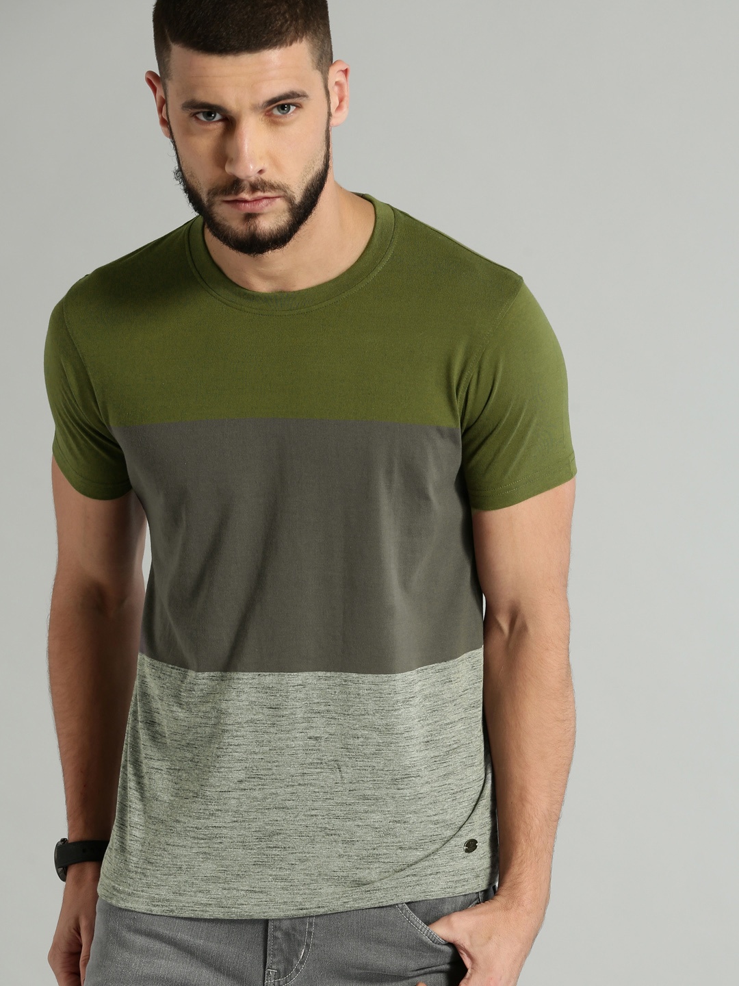 

Roadster Men Olive Green & Grey Colourblocked Round Neck T-shirt