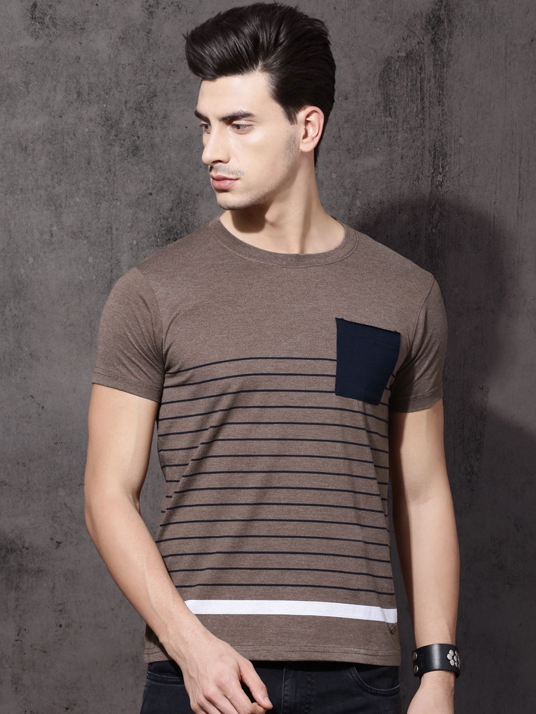 

Roadster Men Brown Striped Round Neck T-shirt