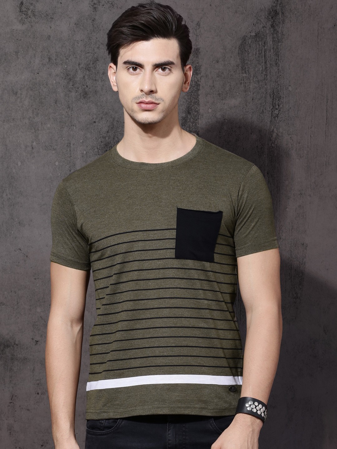 

Roadster Men Green Striped Round Neck T-shirt