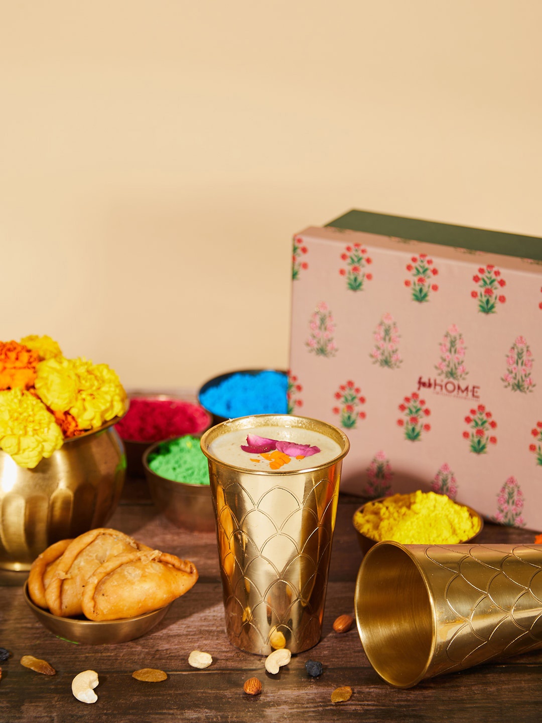 

Fabindia 2Pcs Geometric Patterned Brass Thandai Glass Home Gift Set, Gold