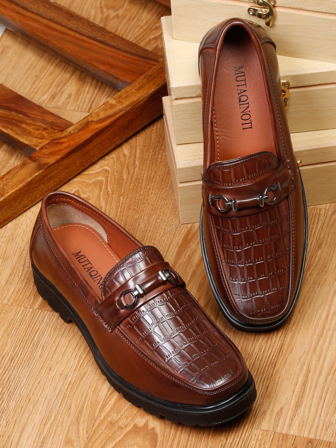 

MUTAQINOTI Men Textured Lightweight Formal Loafers, Brown