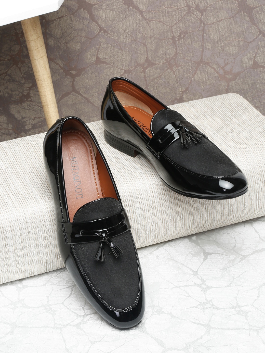 

MUTAQINOTI Men Black Patent Leather Loafers