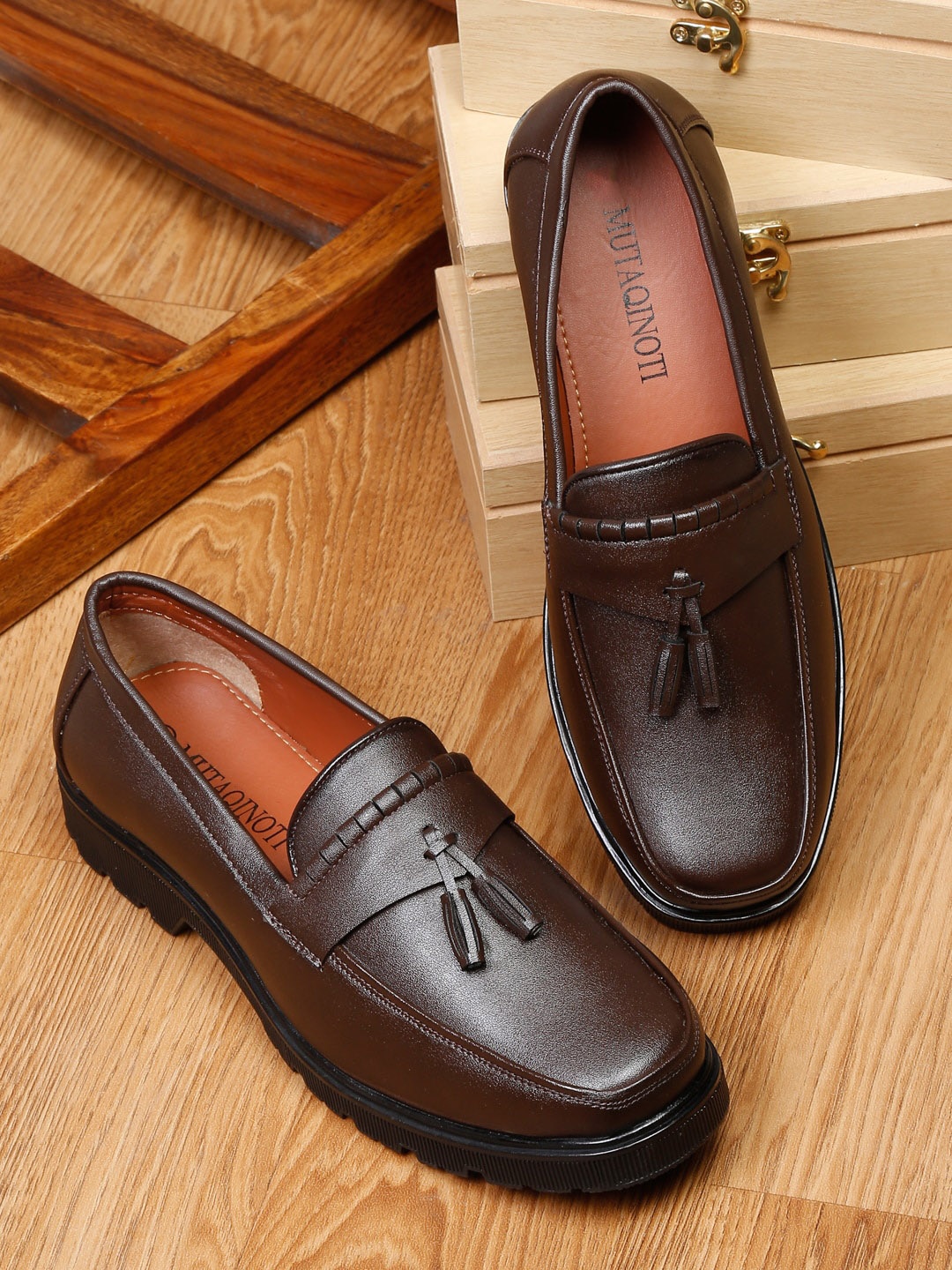 

MUTAQINOTI Men Textured Lightweight Slip On Loafers, Brown