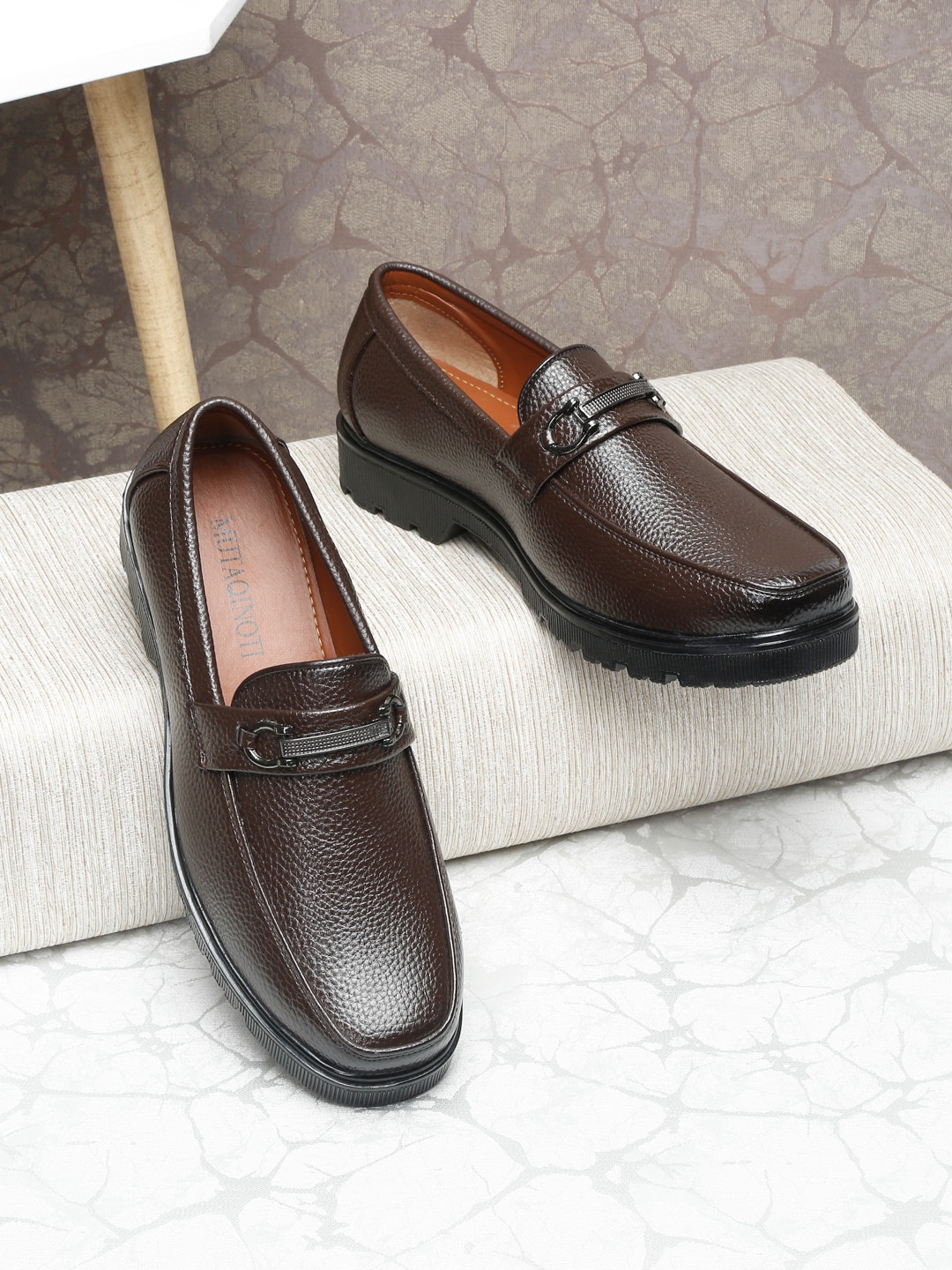 

MUTAQINOTI Men Textured Lightweight Slip On Loafers, Brown