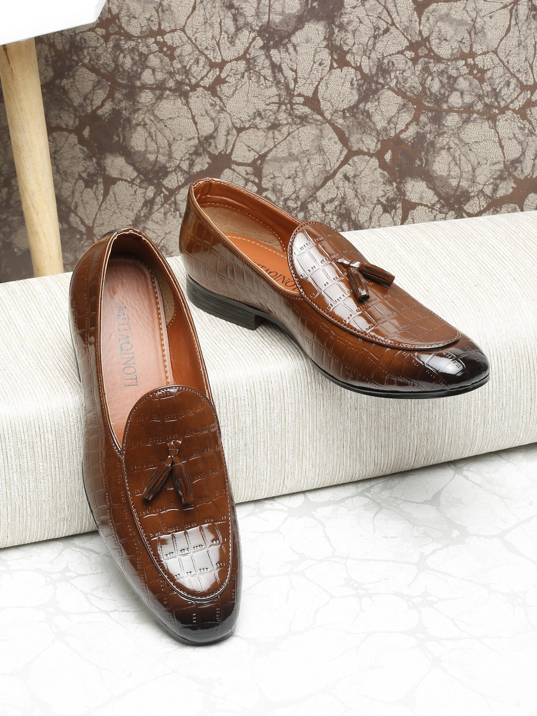 

MUTAQINOTI Men Textured Lightweight Formal Tassel Loafers, Brown