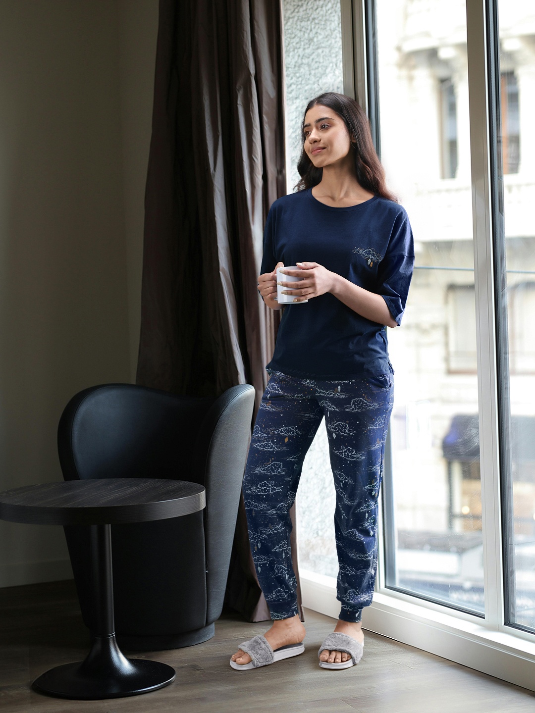 

Marks & Spencer Conversational Printed Pure Cotton Night Suit, Navy blue