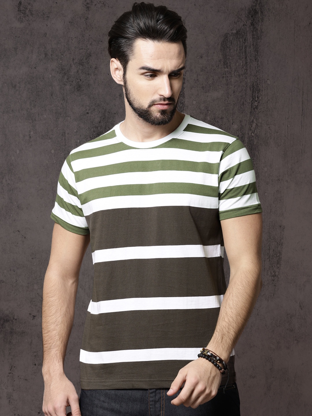 

Roadster Men White & Olive Green Striped T-shirt