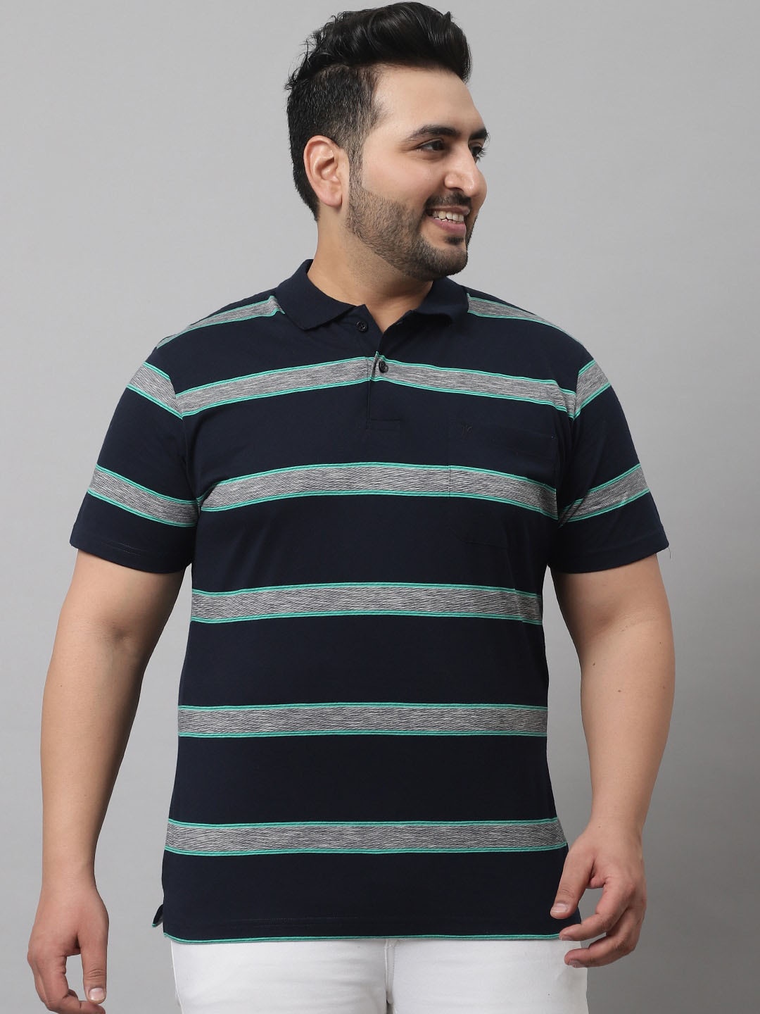 

VENITIAN Men Navy Blue Striped Polo Collar T-shirt