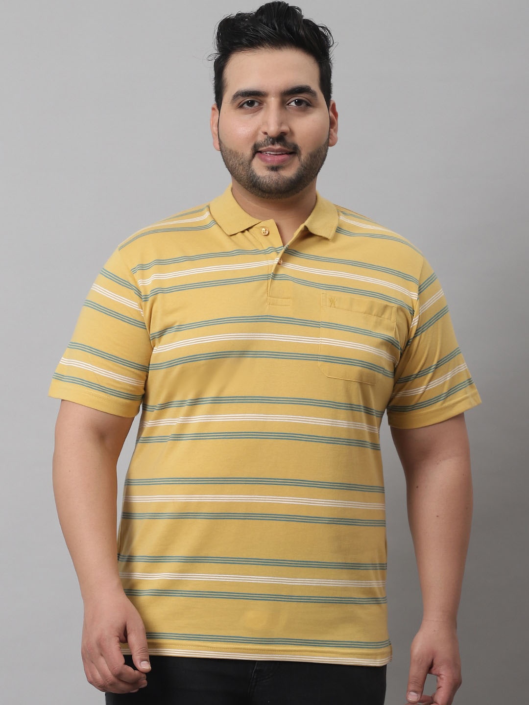 

VENITIAN Men Mustard Yellow Striped Polo Collar T-shirt