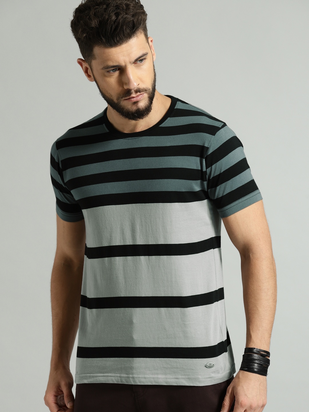 

Roadster Men Black Charcoal Striped Round Neck Pure Cotton T-shirt