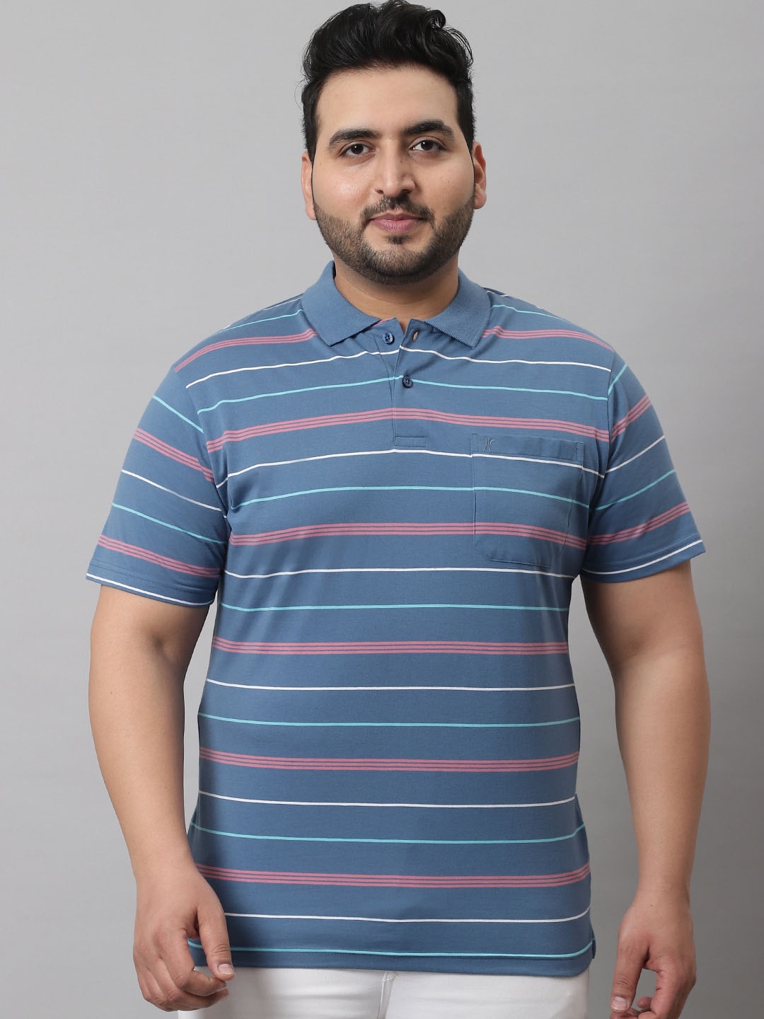 

VENITIAN Men Blue Striped Polo Collar T-shirt