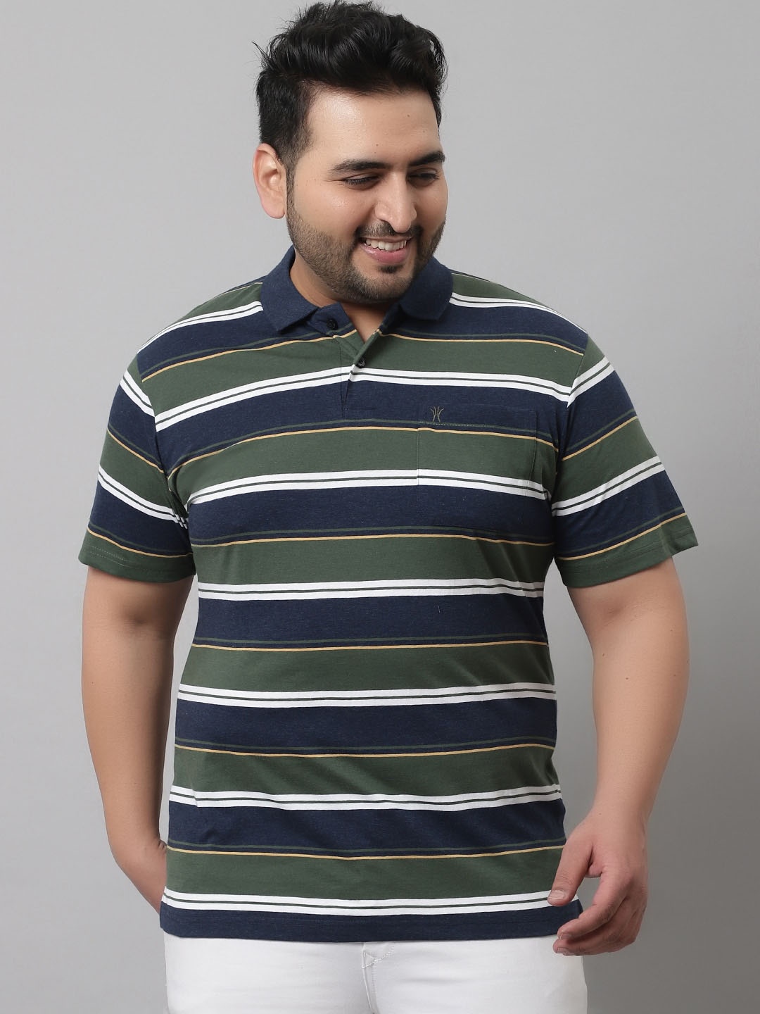 

VENITIAN Men Green Striped Polo Collar T-shirt