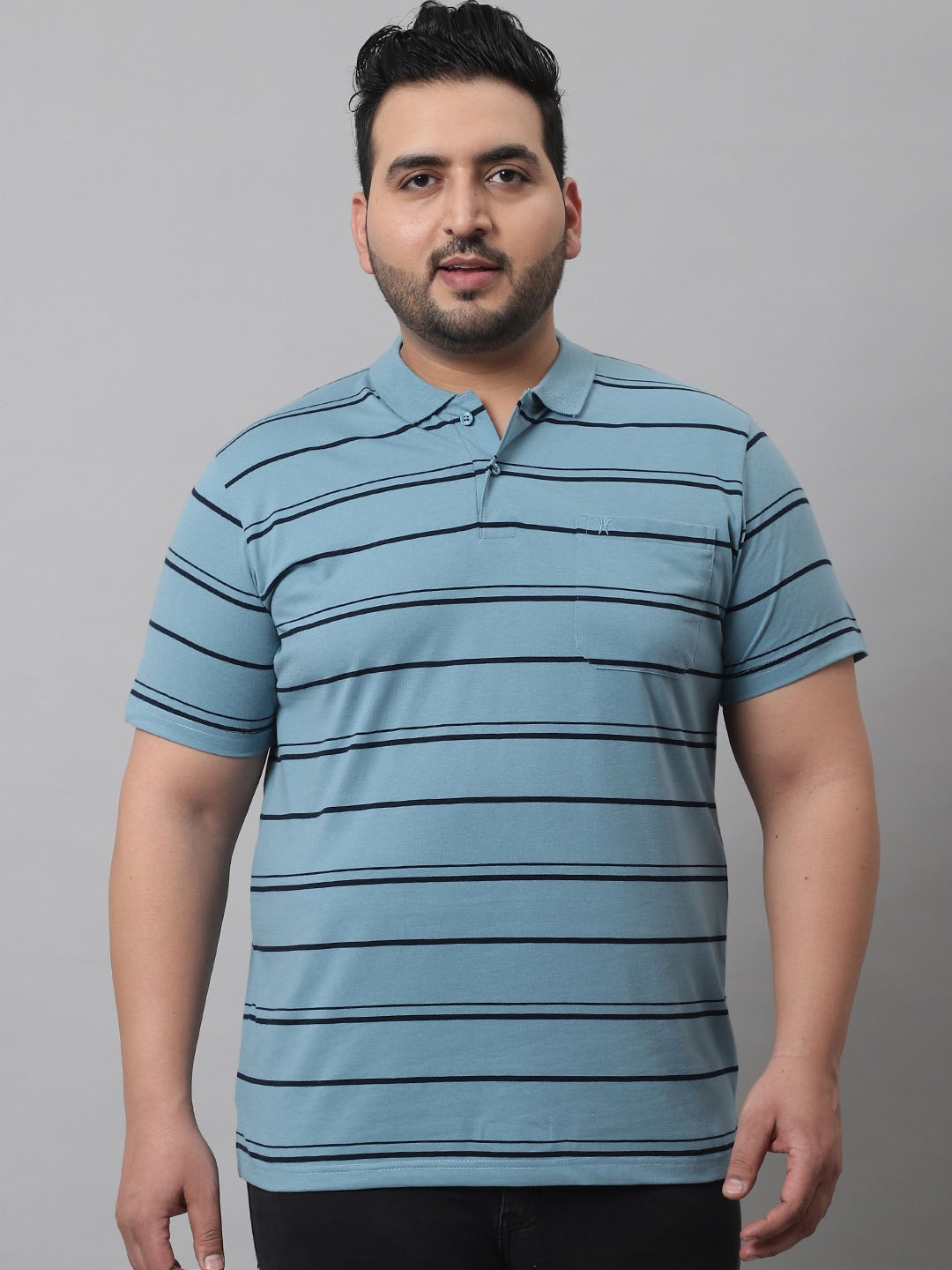 

VENITIAN Men Turquoise Blue Striped Polo Collar T-shirt