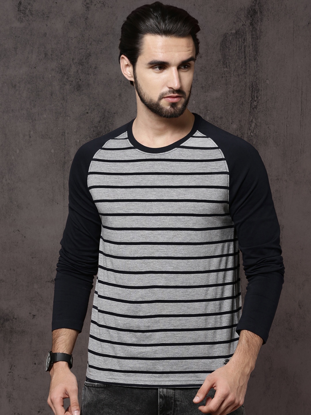 

Roadster Men Grey Striped Polo Collar T-shirt