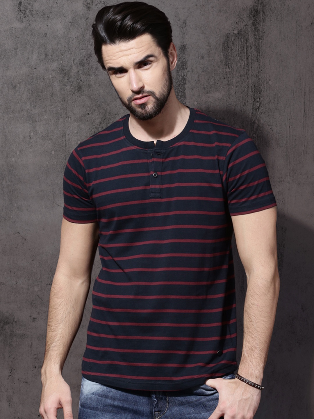 

Roadster Men Navy Maroon Striped Henley Neck Pure Cotton T-shirt, Navy blue