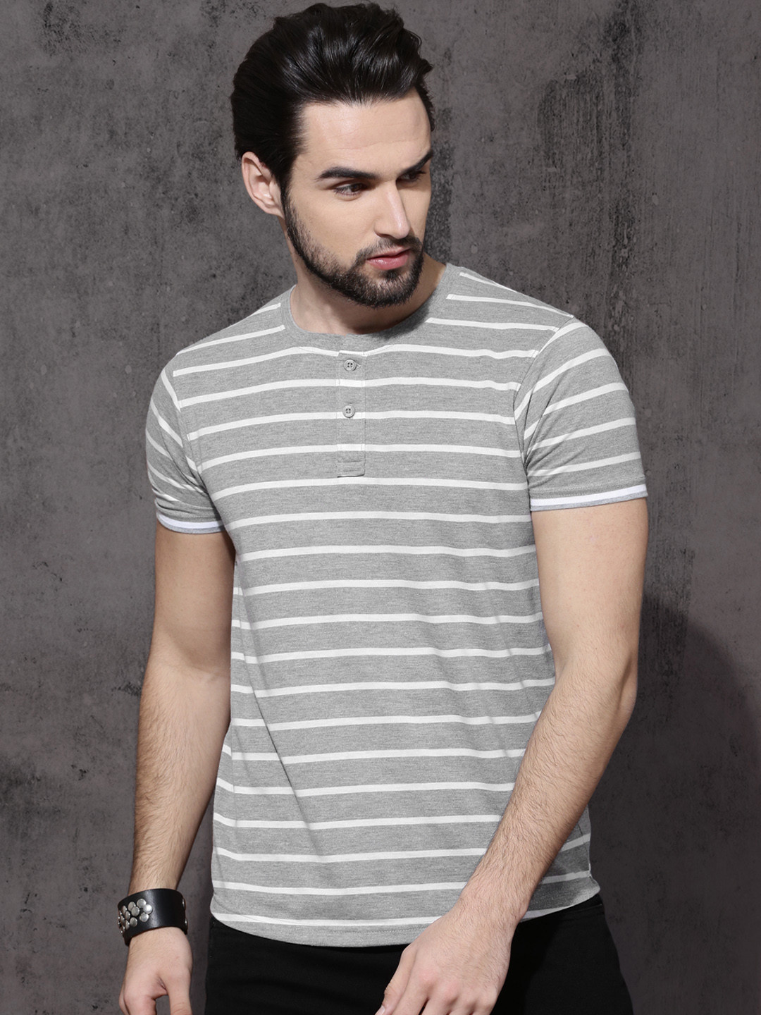 

Roadster Men Grey Melange & White Striped Henley T-shirt