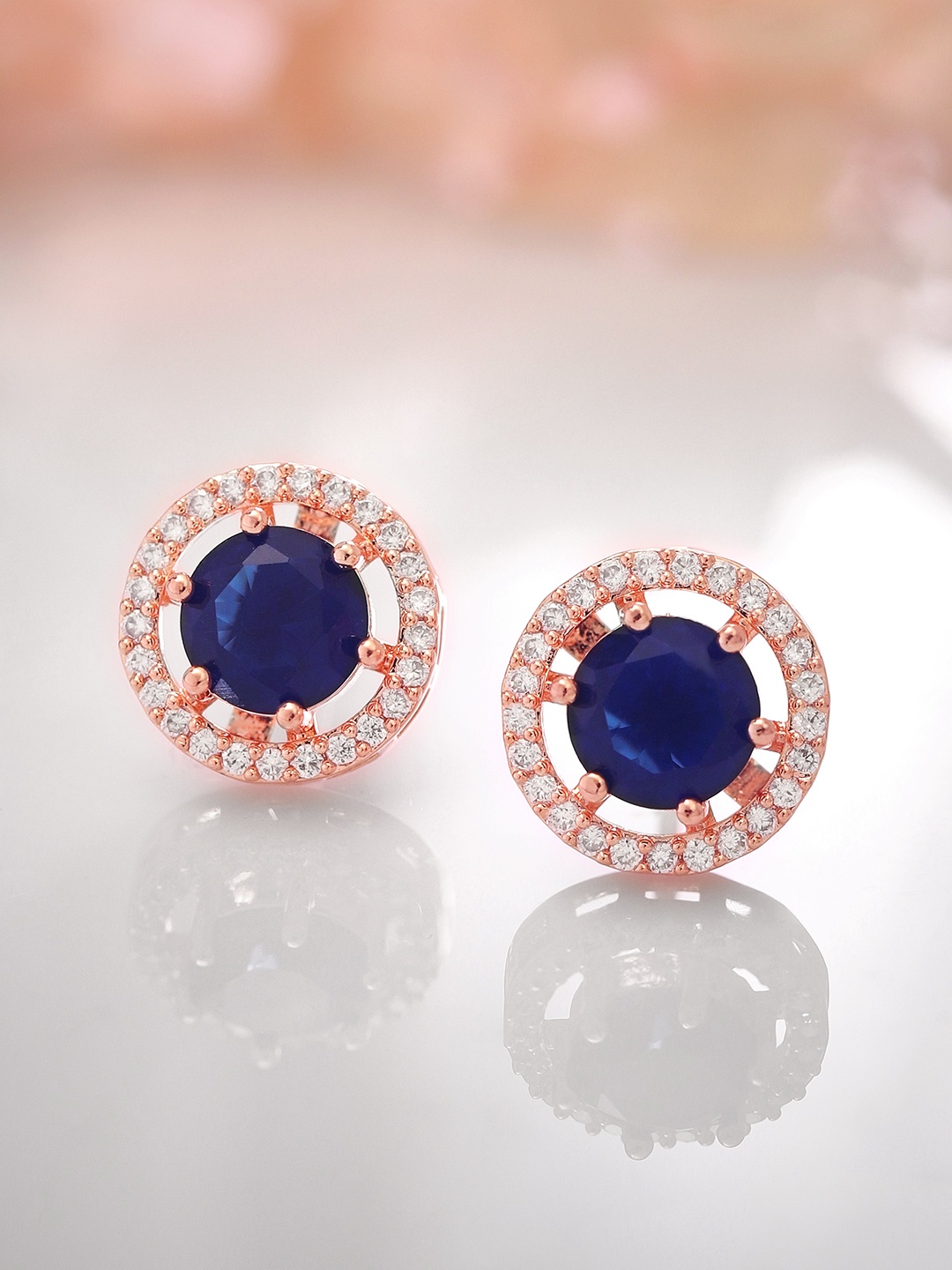 

Rubans Rose Gold-Plated Cubic Zirconia Studs, Blue